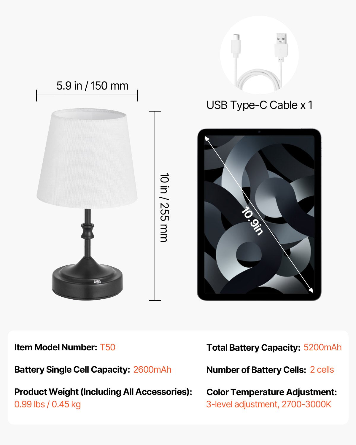 VEVOR Cordless Table Lamp, 5200mAh Built-in Rechargeable Battery Small Desk Lamp, 3-Level Brightness, Fabric Shade, 2700-3000K Color Temperature, Table Light for Restaurant, Bedroom, Bars, Black - BYDZTD595910CXIOT001V9 - view 8