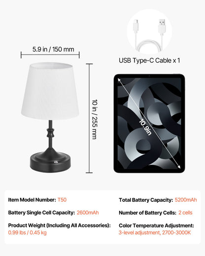 VEVOR Cordless Table Lamp, 5200mAh Built-in Rechargeable Battery Small Desk Lamp, 3-Level Brightness, Fabric Shade, 2700-3000K Color Temperature, Table Light for Restaurant, Bedroom, Bars, Black - BYDZTD595910CXIOT001V9 - view 8