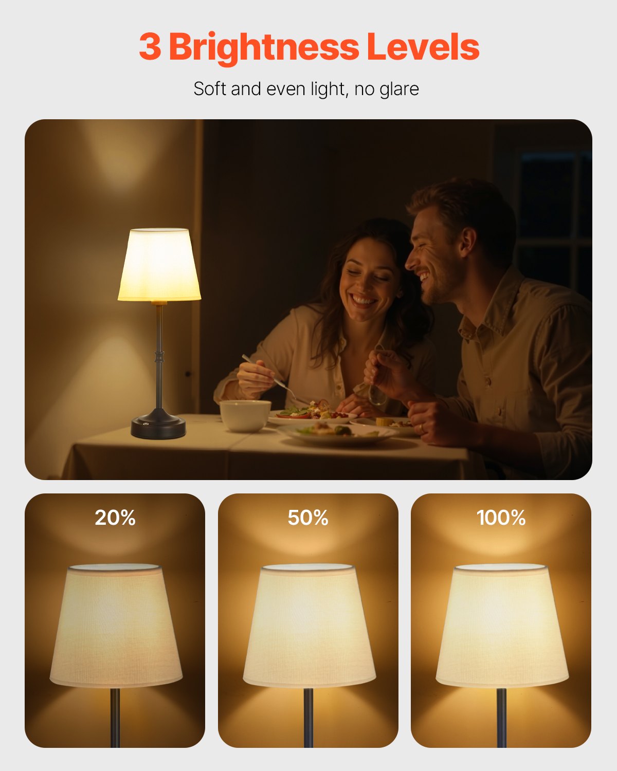 VEVOR Cordless Table Lamp, 5200mAh Built-in Rechargeable Battery Desk Lamp, 3-Level Brightness, Fabric Shade, 2700-3000K Color Temperature, Table Light for Restaurant, Bedroom, Bar Counter, Black - BYDZTD636316J1EVF001V9 - view 3