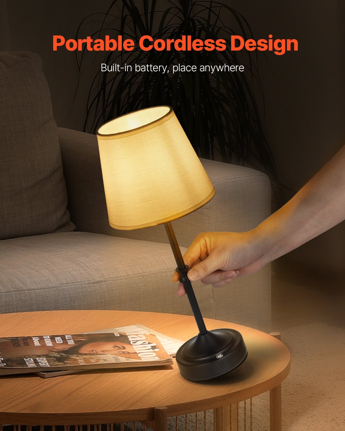VEVOR Cordless Table Lamp, 5200mAh Built-in Rechargeable Battery Desk Lamp, 3-Level Brightness, Fabric Shade, 2700-3000K Color Temperature, Table Light for Restaurant, Bedroom, Bar Counter, Black - BYDZTD636316J1EVF001V9 - view 4