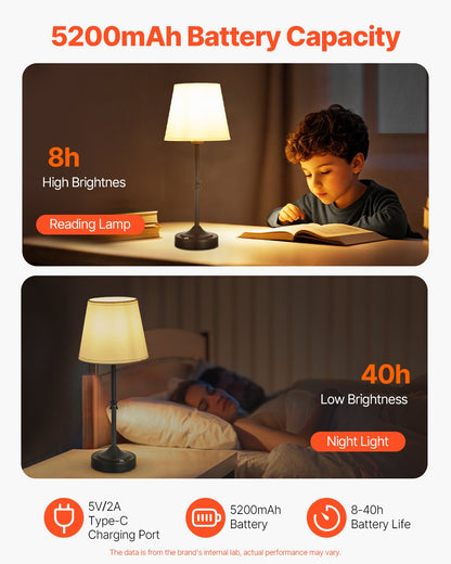 VEVOR Cordless Table Lamp, 5200mAh Built-in Rechargeable Battery Desk Lamp, 3-Level Brightness, Fabric Shade, 2700-3000K Color Temperature, Table Light for Restaurant, Bedroom, Bar Counter, Black - BYDZTD636316J1EVF001V9 - view 5
