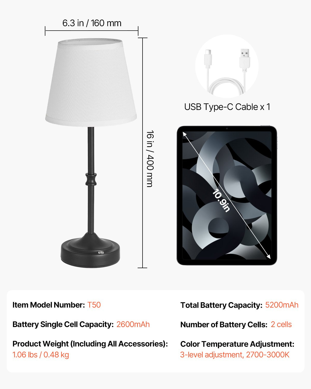 VEVOR Cordless Table Lamp, 5200mAh Built-in Rechargeable Battery Desk Lamp, 3-Level Brightness, Fabric Shade, 2700-3000K Color Temperature, Table Light for Restaurant, Bedroom, Bar Counter, Black - BYDZTD636316J1EVF001V9 - view 8