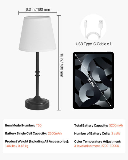 VEVOR Cordless Table Lamp, 5200mAh Built-in Rechargeable Battery Desk Lamp, 3-Level Brightness, Fabric Shade, 2700-3000K Color Temperature, Table Light for Restaurant, Bedroom, Bar Counter, Black - BYDZTD636316J1EVF001V9 - view 8