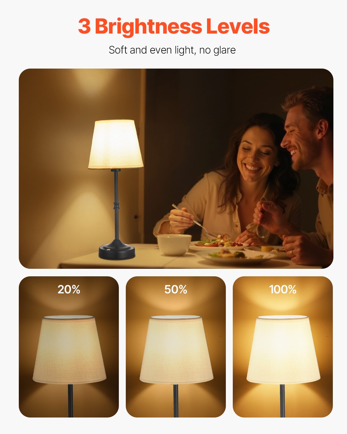 VEVOR Cordless Table Lamp, 2 Pack, 5200mAh Built-in Rechargeable Battery Desk Lamp, 3-Level Brightness, Fabric Shade, 2700-3000K Color Temperature, Table Light for Restaurant, Bedroom, Bars, Black - BYDZTD636316KFJO5001V9 - view 3