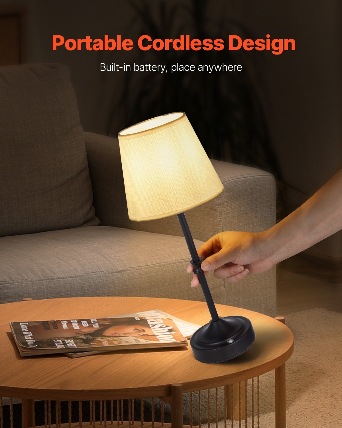 VEVOR Cordless Table Lamp, 2 Pack, 5200mAh Built-in Rechargeable Battery Desk Lamp, 3-Level Brightness, Fabric Shade, 2700-3000K Color Temperature, Table Light for Restaurant, Bedroom, Bars, Black - BYDZTD636316KFJO5001V9 - view 4