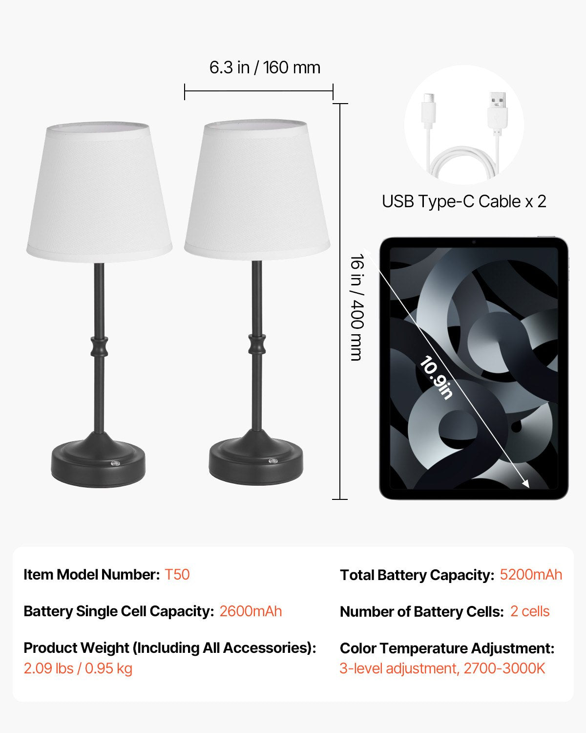 VEVOR Cordless Table Lamp, 2 Pack, 5200mAh Built-in Rechargeable Battery Desk Lamp, 3-Level Brightness, Fabric Shade, 2700-3000K Color Temperature, Table Light for Restaurant, Bedroom, Bars, Black - BYDZTD636316KFJO5001V9 - view 8