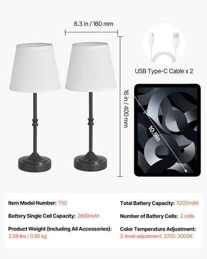 VEVOR Cordless Table Lamp, 2 Pack, 5200mAh Built-in Rechargeable Battery Desk Lamp, 3-Level Brightness, Fabric Shade, 2700-3000K Color Temperature, Table Light for Restaurant, Bedroom, Bars, Black - BYDZTD636316KFJO5001V9 - view 8