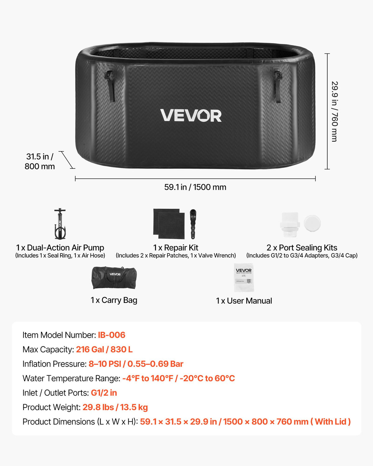 VEVOR Cold Plunge Tub, 216 Gallon, Inflatable Ice Bath Tub Compatible with Water Chillers, Portable Cold Water Bathtub with Insulated Lid, for Athletes Recovery, 59.1" x 31.5" x 29.9" (No Chiller) - BYGTYXLSPVCJPKC10001V0 - view 8