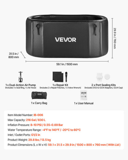 VEVOR Cold Plunge Tub, 216 Gallon, Inflatable Ice Bath Tub Compatible with Water Chillers, Portable Cold Water Bathtub with Insulated Lid, for Athletes Recovery, 59.1" x 31.5" x 29.9" (No Chiller) - BYGTYXLSPVCJPKC10001V0 - view 8