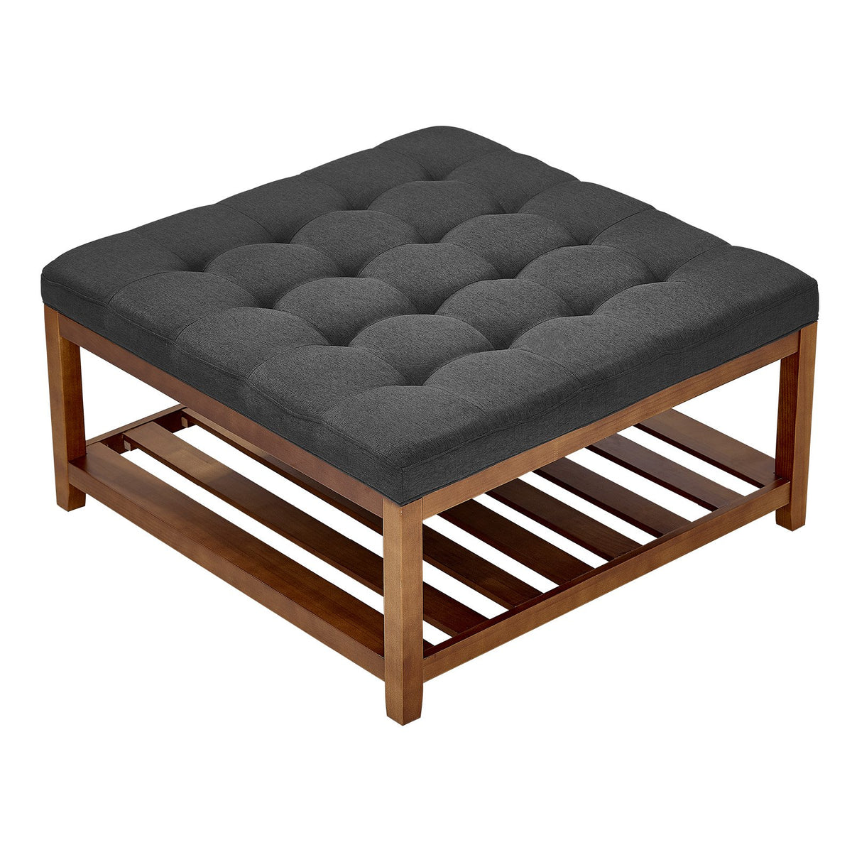 VEVOR Large Square Ottoman Coffee Table, 34.5 Inch Tufted Coffee Table with Solid Wood Shelf Storage, Linen Solid Upholstered Footrest Ottoman for Bedroom Living Room, 400 LBS, Dark Gray - BYJDFXWSJKFSPVKMM001V0 - view 1
