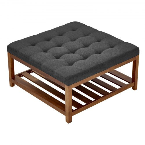 VEVOR Large Square Ottoman Coffee Table, 34.5 Inch Tufted Coffee Table with Solid Wood Shelf Storage, Linen Solid Upholstered Footrest Ottoman for Bedroom Living Room, 400 LBS, Dark Gray - BYJDFXWSJKFSPVKMM001V0 - view 2
