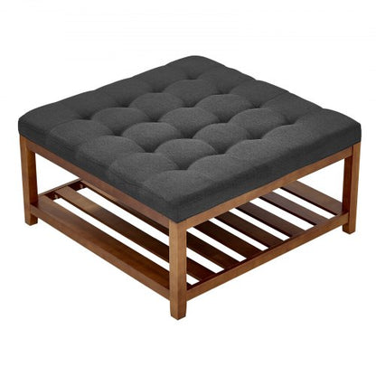 VEVOR Large Square Ottoman Coffee Table, 34.5 Inch Tufted Coffee Table with Solid Wood Shelf Storage, Linen Solid Upholstered Footrest Ottoman for Bedroom Living Room, 400 LBS, Dark Gray - BYJDFXWSJKFSPVKMM001V0 - view 2