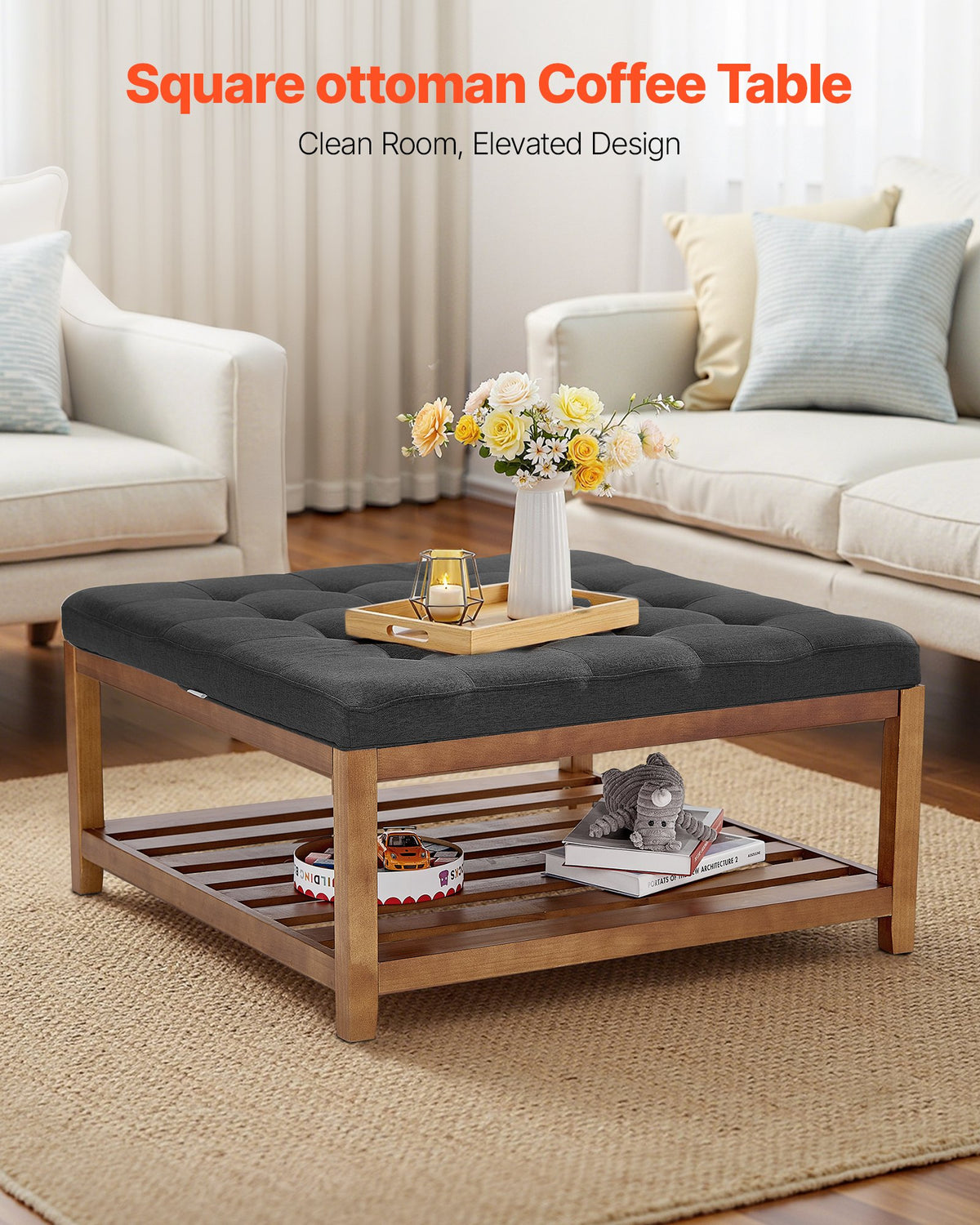 VEVOR Large Square Ottoman Coffee Table, 34.5 Inch Tufted Coffee Table with Solid Wood Shelf Storage, Linen Solid Upholstered Footrest Ottoman for Bedroom Living Room, 400 LBS, Dark Gray - BYJDFXWSJKFSPVKMM001V0 - view 3
