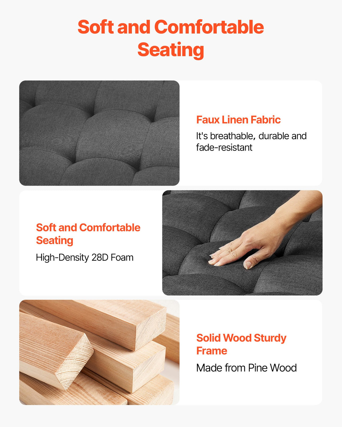VEVOR Large Square Ottoman Coffee Table, 34.5 Inch Tufted Coffee Table with Solid Wood Shelf Storage, Linen Solid Upholstered Footrest Ottoman for Bedroom Living Room, 400 LBS, Dark Gray - BYJDFXWSJKFSPVKMM001V0 - view 4