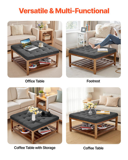 VEVOR Large Square Ottoman Coffee Table, 34.5 Inch Tufted Coffee Table with Solid Wood Shelf Storage, Linen Solid Upholstered Footrest Ottoman for Bedroom Living Room, 400 LBS, Dark Gray - BYJDFXWSJKFSPVKMM001V0 - view 5