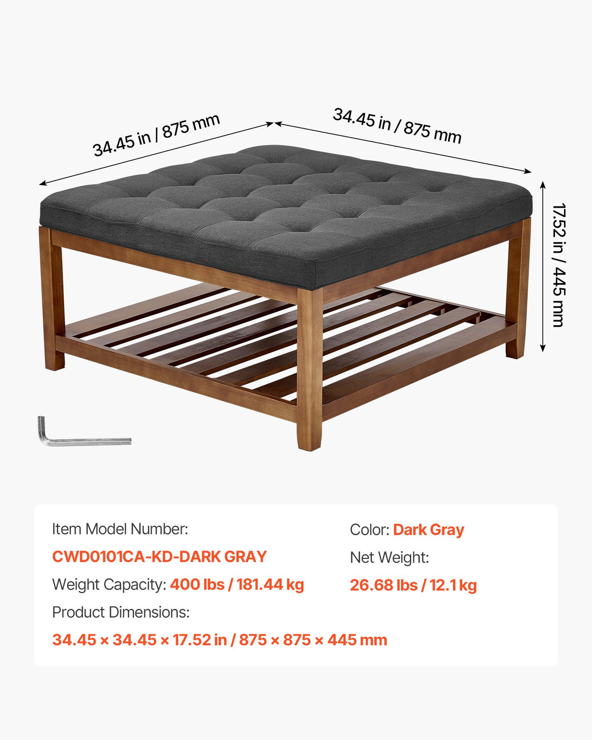 VEVOR Large Square Ottoman Coffee Table, 34.5 Inch Tufted Coffee Table with Solid Wood Shelf Storage, Linen Solid Upholstered Footrest Ottoman for Bedroom Living Room, 400 LBS, Dark Gray - BYJDFXWSJKFSPVKMM001V0 - view 6