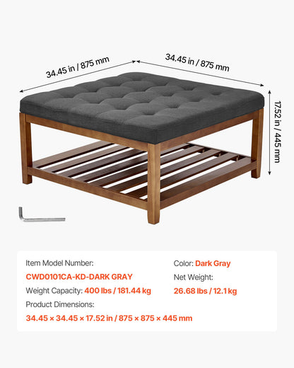 VEVOR Large Square Ottoman Coffee Table, 34.5 Inch Tufted Coffee Table with Solid Wood Shelf Storage, Linen Solid Upholstered Footrest Ottoman for Bedroom Living Room, 400 LBS, Dark Gray - BYJDFXWSJKFSPVKMM001V0 - view 6