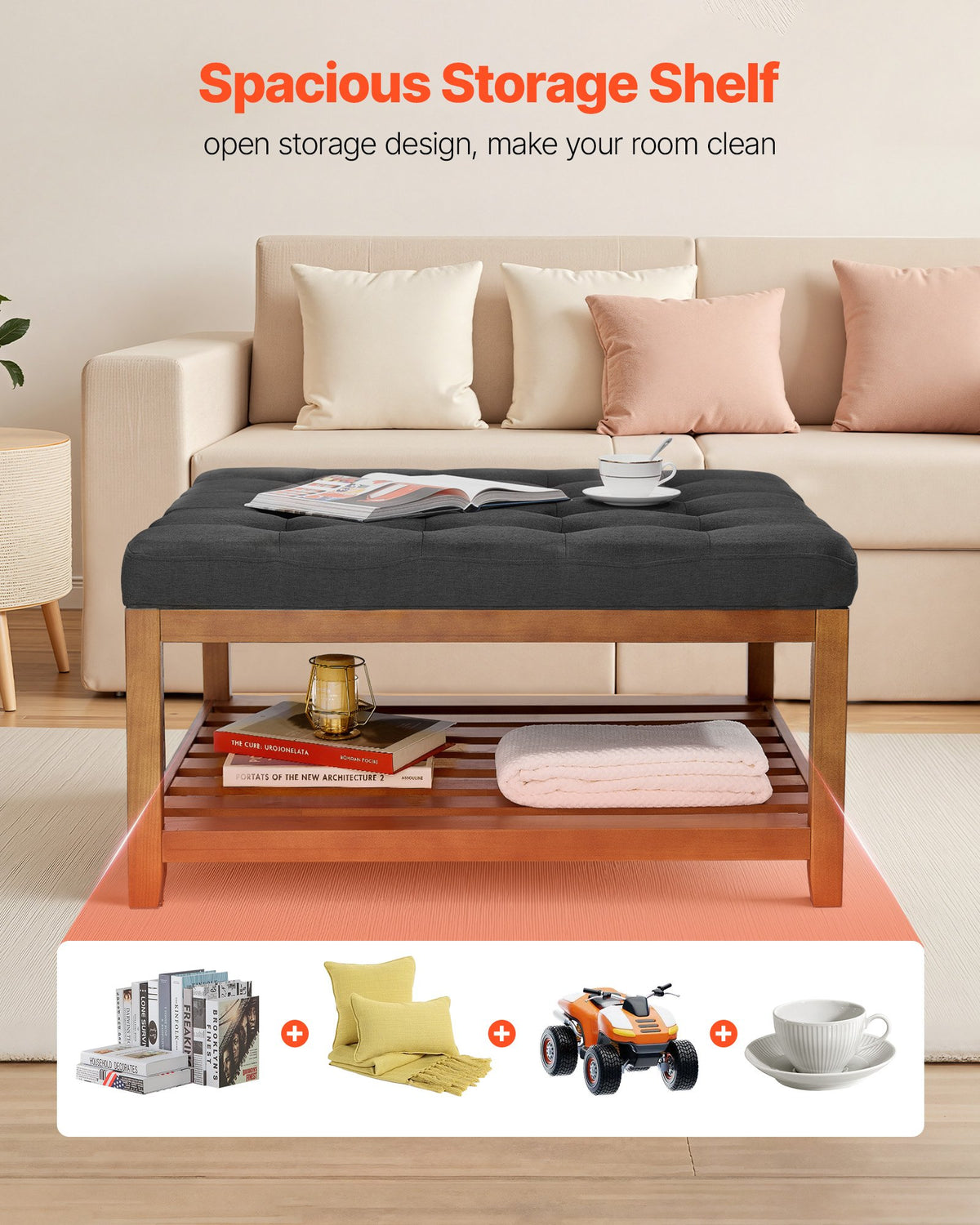 VEVOR Large Square Ottoman Coffee Table, 34.5 Inch Tufted Coffee Table with Solid Wood Shelf Storage, Linen Solid Upholstered Footrest Ottoman for Bedroom Living Room, 400 LBS, Dark Gray - BYJDFXWSJKFSPVKMM001V0 - view 7