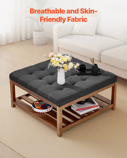 VEVOR Large Square Ottoman Coffee Table, 34.5 Inch Tufted Coffee Table with Solid Wood Shelf Storage, Linen Solid Upholstered Footrest Ottoman for Bedroom Living Room, 400 LBS, Dark Gray - BYJDFXWSJKFSPVKMM001V0 - view 8