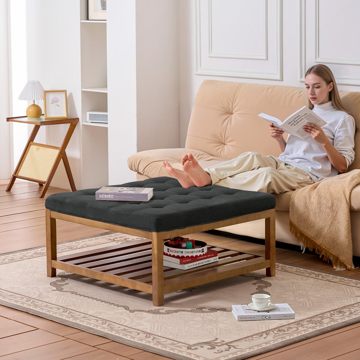VEVOR Large Square Ottoman Coffee Table, 34.5 Inch Tufted Coffee Table with Solid Wood Shelf Storage, Linen Solid Upholstered Footrest Ottoman for Bedroom Living Room, 400 LBS, Dark Gray - BYJDFXWSJKFSPVKMM001V0 - view 9