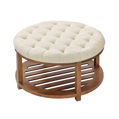 VEVOR Large Round Ottoman Coffee Table, 31.9 Inch Tufted Coffee Table with Solid Wood Shelf Storage, Linen Solid Upholstered Footrest Ottoman for Bedroom Living Room, 350 LBS, Linen Color - BYJDYXWSJKFSU67U8001V0 - view 1