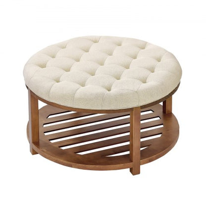 VEVOR Large Round Ottoman Coffee Table, 31.9 Inch Tufted Coffee Table with Solid Wood Shelf Storage, Linen Solid Upholstered Footrest Ottoman for Bedroom Living Room, 350 LBS, Linen Color - BYJDYXWSJKFSU67U8001V0 - view 2