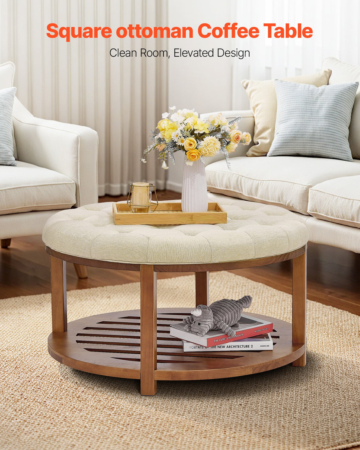 VEVOR Large Round Ottoman Coffee Table, 31.9 Inch Tufted Coffee Table with Solid Wood Shelf Storage, Linen Solid Upholstered Footrest Ottoman for Bedroom Living Room, 350 LBS, Linen Color - BYJDYXWSJKFSU67U8001V0 - view 3
