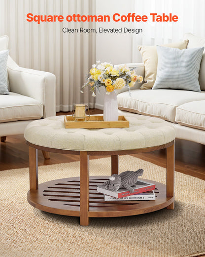 VEVOR Large Round Ottoman Coffee Table, 31.9 Inch Tufted Coffee Table with Solid Wood Shelf Storage, Linen Solid Upholstered Footrest Ottoman for Bedroom Living Room, 350 LBS, Linen Color - BYJDYXWSJKFSU67U8001V0 - view 3