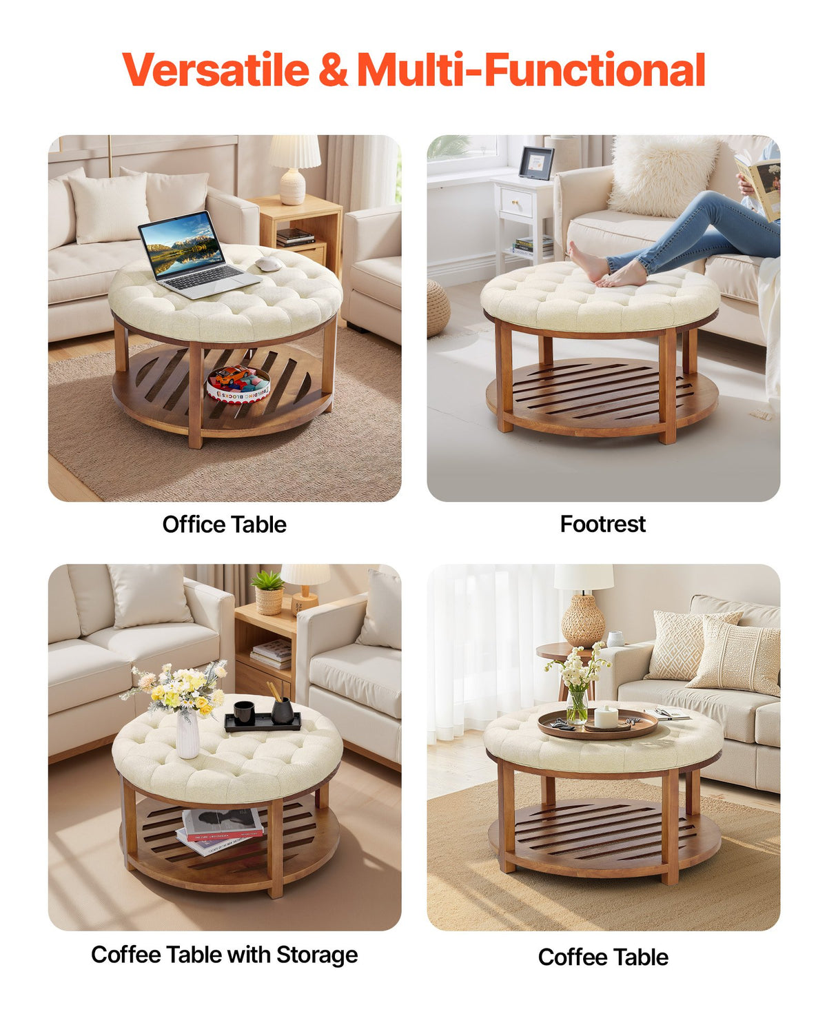 VEVOR Large Round Ottoman Coffee Table, 31.9 Inch Tufted Coffee Table with Solid Wood Shelf Storage, Linen Solid Upholstered Footrest Ottoman for Bedroom Living Room, 350 LBS, Linen Color - BYJDYXWSJKFSU67U8001V0 - view 5