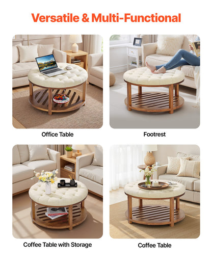 VEVOR Large Round Ottoman Coffee Table, 31.9 Inch Tufted Coffee Table with Solid Wood Shelf Storage, Linen Solid Upholstered Footrest Ottoman for Bedroom Living Room, 350 LBS, Linen Color - BYJDYXWSJKFSU67U8001V0 - view 5