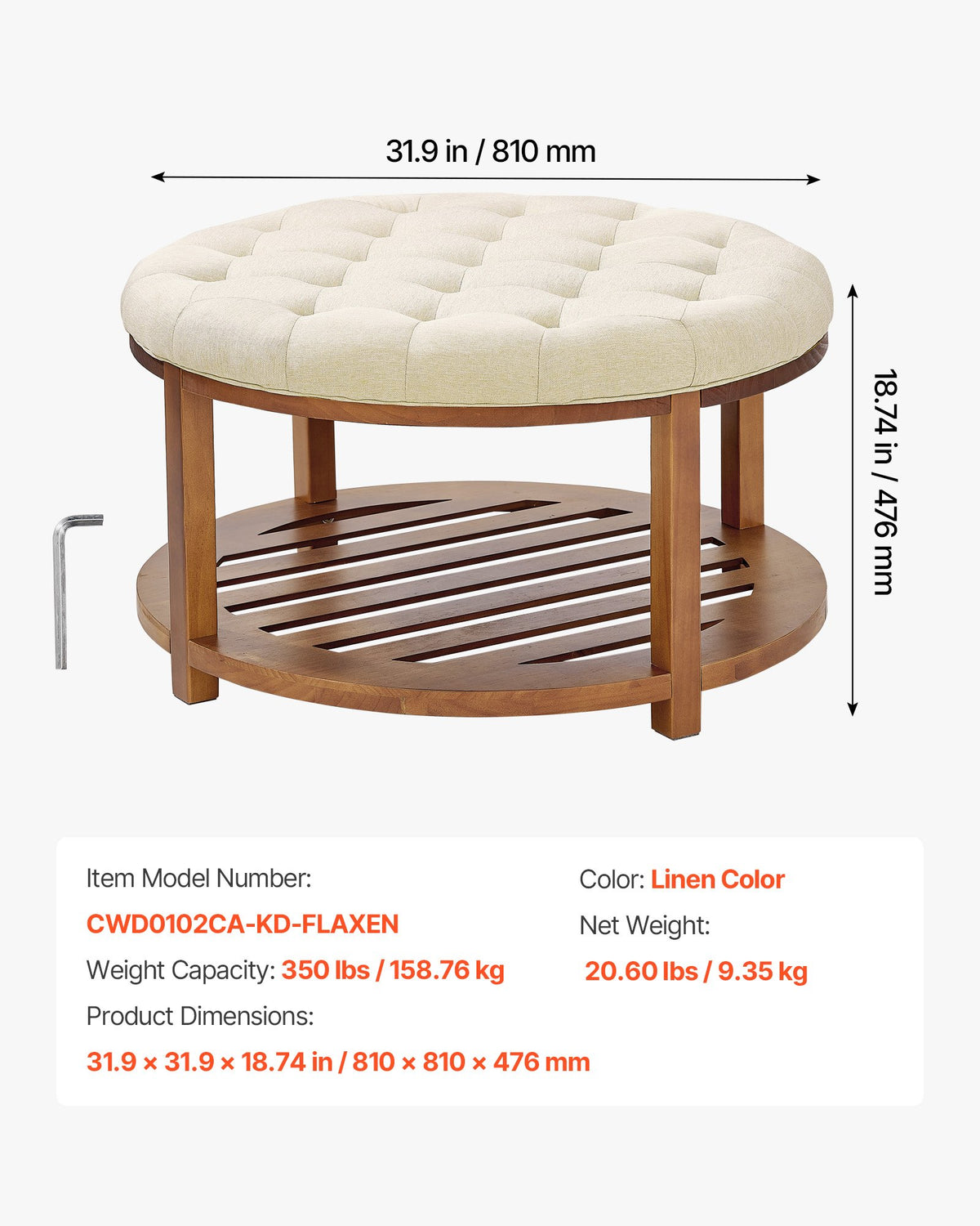 VEVOR Large Round Ottoman Coffee Table, 31.9 Inch Tufted Coffee Table with Solid Wood Shelf Storage, Linen Solid Upholstered Footrest Ottoman for Bedroom Living Room, 350 LBS, Linen Color - BYJDYXWSJKFSU67U8001V0 - view 6