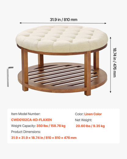 VEVOR Large Round Ottoman Coffee Table, 31.9 Inch Tufted Coffee Table with Solid Wood Shelf Storage, Linen Solid Upholstered Footrest Ottoman for Bedroom Living Room, 350 LBS, Linen Color - BYJDYXWSJKFSU67U8001V0 - view 6