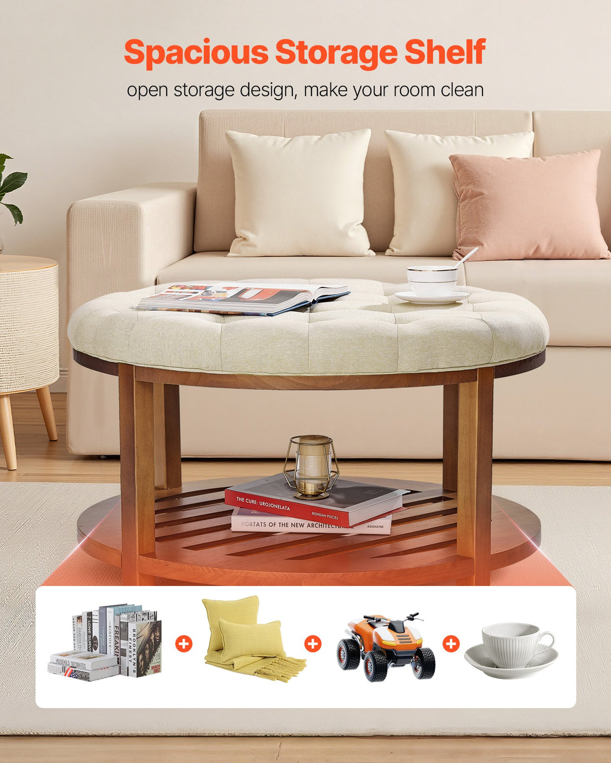 VEVOR Large Round Ottoman Coffee Table, 31.9 Inch Tufted Coffee Table with Solid Wood Shelf Storage, Linen Solid Upholstered Footrest Ottoman for Bedroom Living Room, 350 LBS, Linen Color - BYJDYXWSJKFSU67U8001V0 - view 7