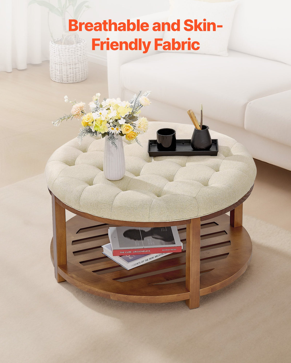 VEVOR Large Round Ottoman Coffee Table, 31.9 Inch Tufted Coffee Table with Solid Wood Shelf Storage, Linen Solid Upholstered Footrest Ottoman for Bedroom Living Room, 350 LBS, Linen Color - BYJDYXWSJKFSU67U8001V0 - view 8