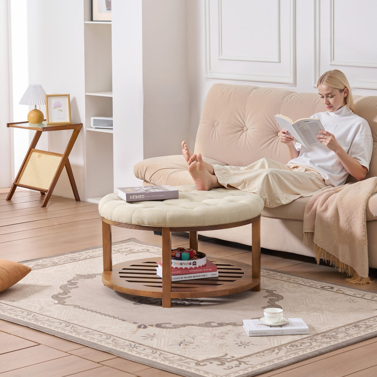 VEVOR Large Round Ottoman Coffee Table, 31.9 Inch Tufted Coffee Table with Solid Wood Shelf Storage, Linen Solid Upholstered Footrest Ottoman for Bedroom Living Room, 350 LBS, Linen Color - BYJDYXWSJKFSU67U8001V0 - view 9