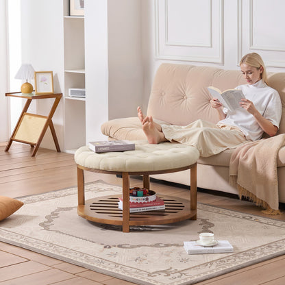 VEVOR Large Round Ottoman Coffee Table, 31.9 Inch Tufted Coffee Table with Solid Wood Shelf Storage, Linen Solid Upholstered Footrest Ottoman for Bedroom Living Room, 350 LBS, Linen Color - BYJDYXWSJKFSU67U8001V0 - view 9