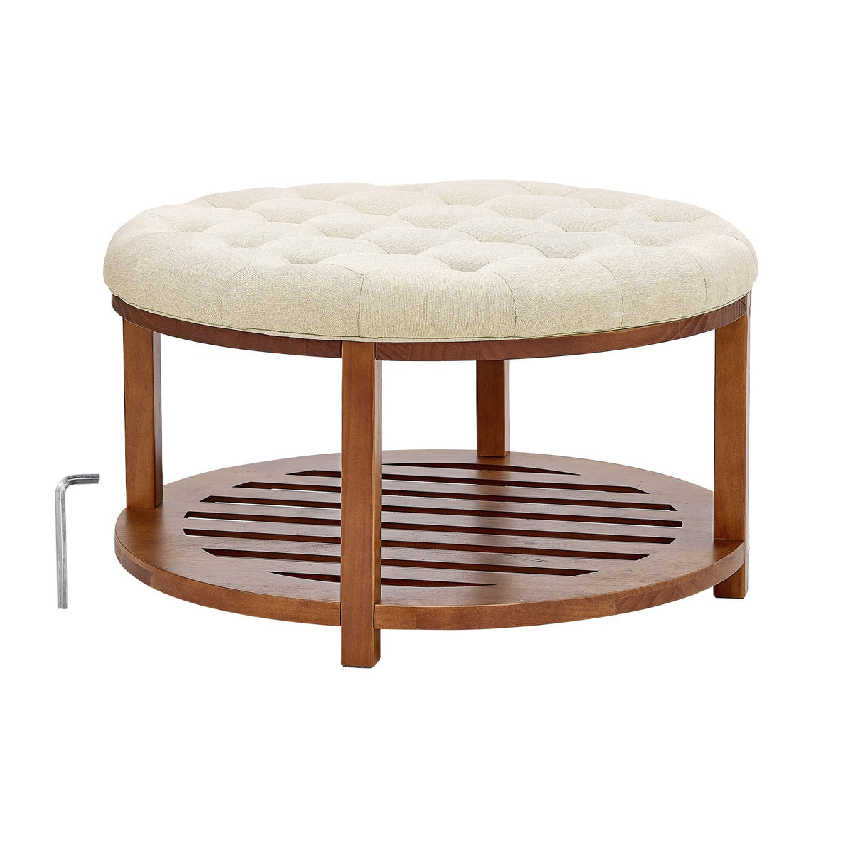 VEVOR Large Round Ottoman Coffee Table, 31.9 Inch Tufted Coffee Table with Solid Wood Shelf Storage, Linen Solid Upholstered Footrest Ottoman for Bedroom Living Room, 350 LBS, Linen Color - BYJDYXWSJKFSU67U8001V0 - view 10