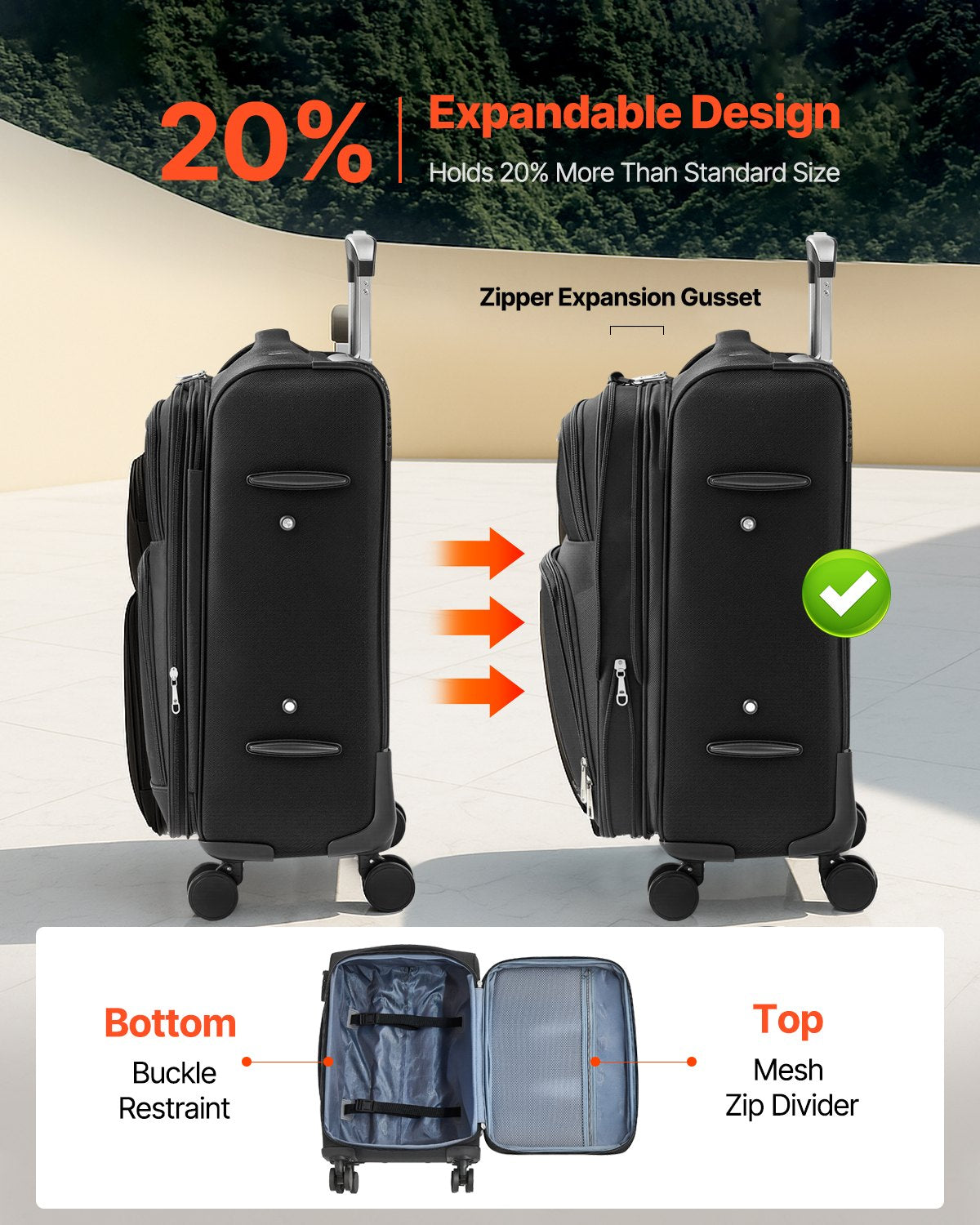 VEVOR Softside Expandable Luggage with Spinner Wheels, 20-Inch Softside Carry on Luggage, Lightweight Checked Suitcase with Expandable Zippered Pocket and TSA Lock, Black - BYKSTXBYHS20YICDB001V0 - view 3