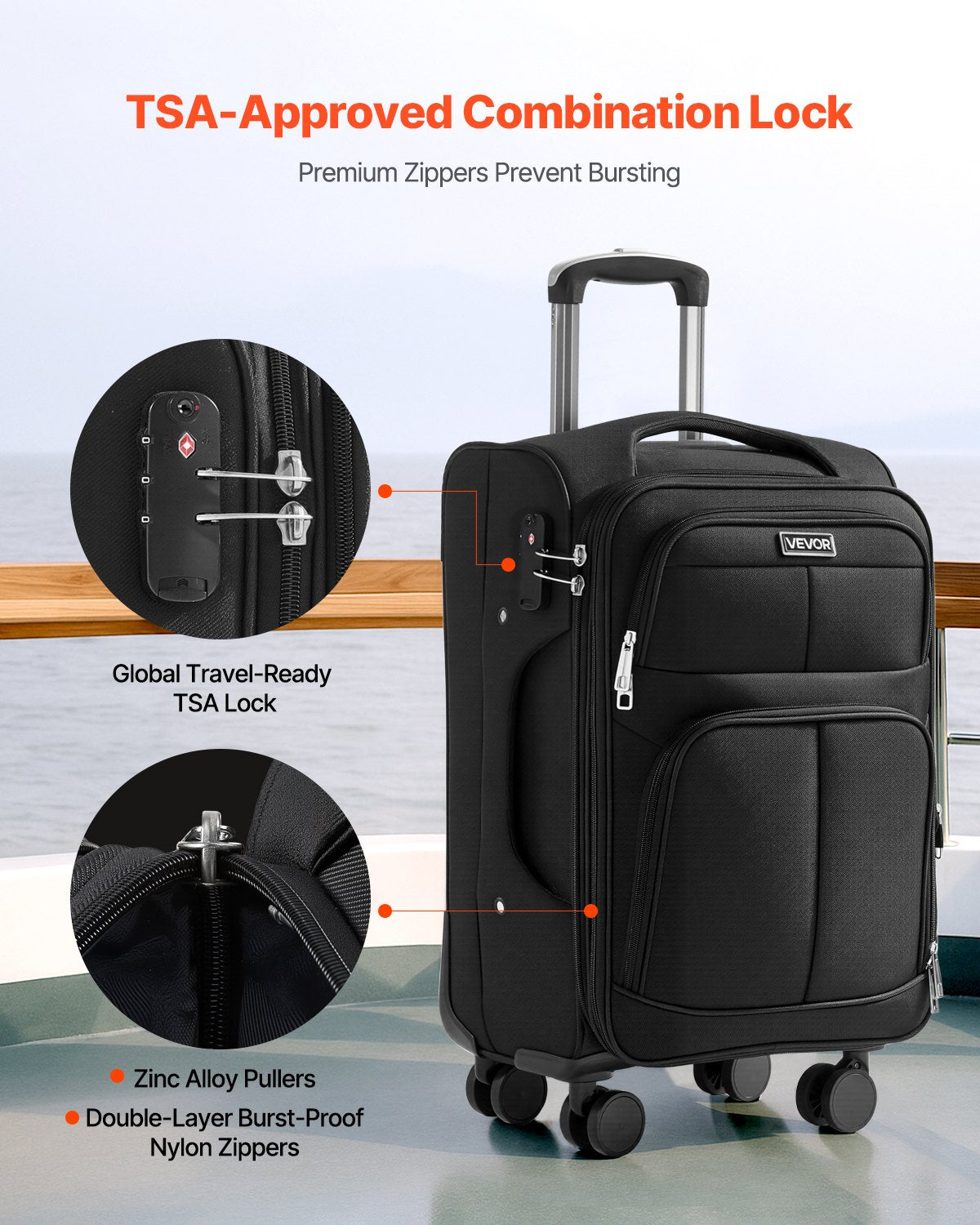 VEVOR Softside Expandable Luggage with Spinner Wheels, 20-Inch Softside Carry on Luggage, Lightweight Checked Suitcase with Expandable Zippered Pocket and TSA Lock, Black - BYKSTXBYHS20YICDB001V0 - view 5