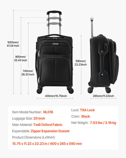 VEVOR Softside Expandable Luggage with Spinner Wheels, 20-Inch Softside Carry on Luggage, Lightweight Checked Suitcase with Expandable Zippered Pocket and TSA Lock, Black - BYKSTXBYHS20YICDB001V0 - view 8