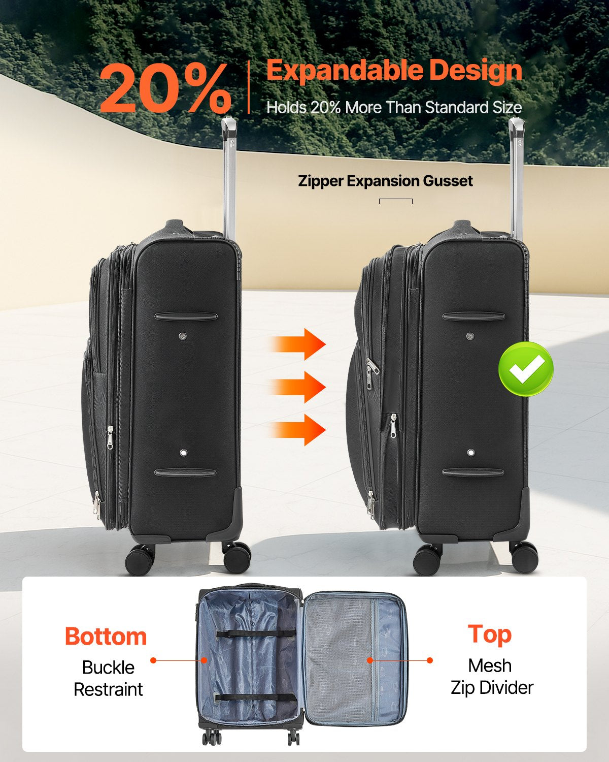 VEVOR Softside Expandable Luggage with Spinner Wheels, 24-Inch Softside Checked Medium Luggage, Lightweight Checked Suitcase with Expandable Zippered Pocket and TSA Lock, Black - BYKSTXBYHS24XMA3Q001V0 - view 3