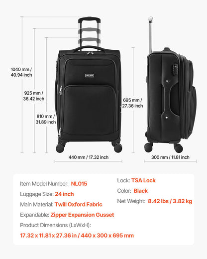 VEVOR Softside Expandable Luggage with Spinner Wheels, 24-Inch Softside Checked Medium Luggage, Lightweight Checked Suitcase with Expandable Zippered Pocket and TSA Lock, Black - BYKSTXBYHS24XMA3Q001V0 - view 7