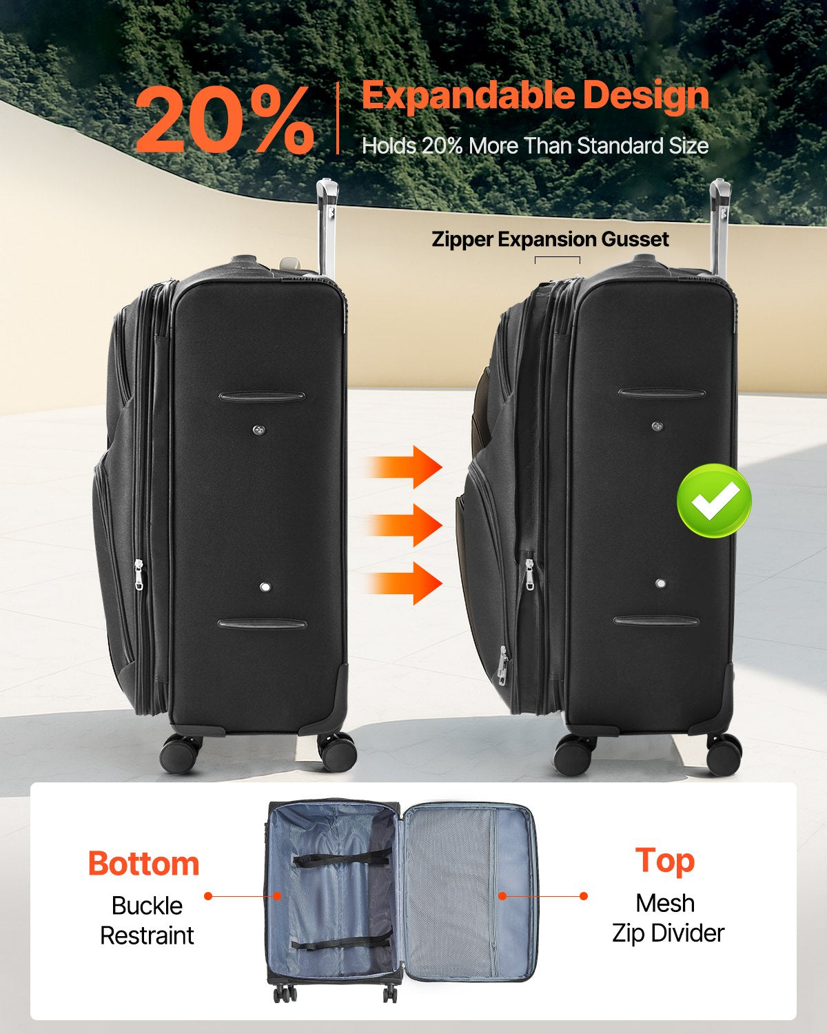 VEVOR Softside Expandable Luggage with Spinner Wheels, 28-Inch Softside Checked Large Luggage, Lightweight Checked Suitcase with Expandable Zippered Pocket and TSA Lock, Black - BYKSTXBYHS2881CTJ001V0 - view 3