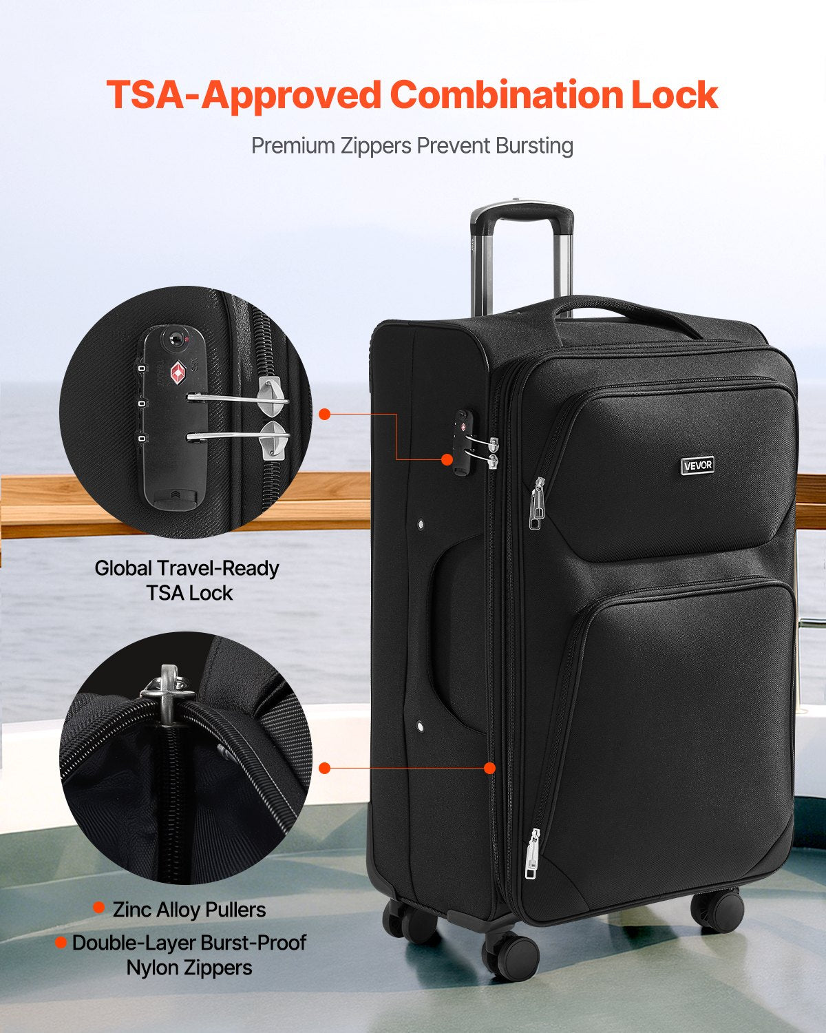 VEVOR Softside Expandable Luggage with Spinner Wheels, 28-Inch Softside Checked Large Luggage, Lightweight Checked Suitcase with Expandable Zippered Pocket and TSA Lock, Black - BYKSTXBYHS2881CTJ001V0 - view 5