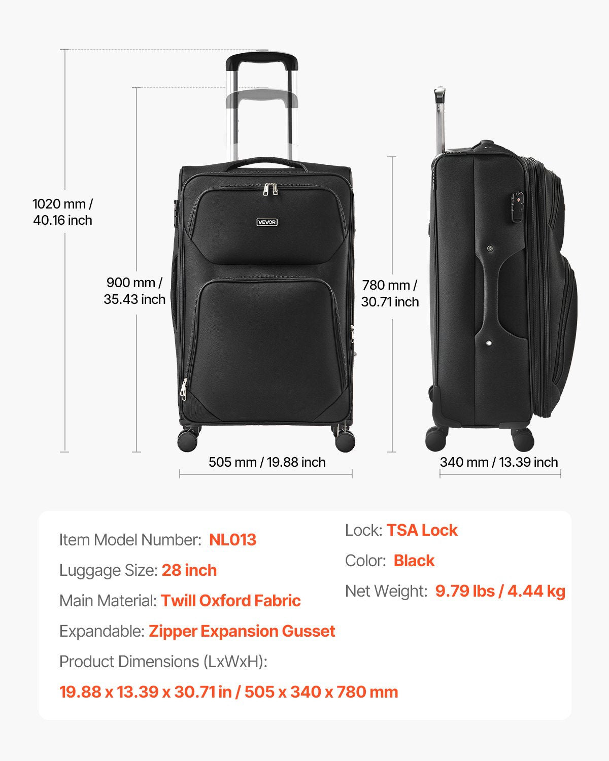 VEVOR Softside Expandable Luggage with Spinner Wheels, 28-Inch Softside Checked Large Luggage, Lightweight Checked Suitcase with Expandable Zippered Pocket and TSA Lock, Black - BYKSTXBYHS2881CTJ001V0 - view 8
