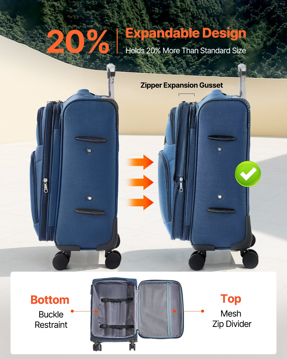 VEVOR Softside Expandable Luggage with Spinner Wheels, 20-Inch Softside Carry on Luggage, Lightweight Checked Suitcase with Expandable Zippered Pocket and TSA Lock, Blue - BYKSTXBYLS20PROXL001V0 - view 3