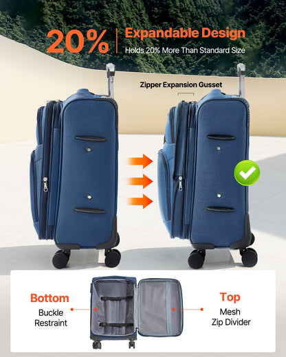 VEVOR Softside Expandable Luggage with Spinner Wheels, 20-Inch Softside Carry on Luggage, Lightweight Checked Suitcase with Expandable Zippered Pocket and TSA Lock, Blue - BYKSTXBYLS20PROXL001V0 - view 3