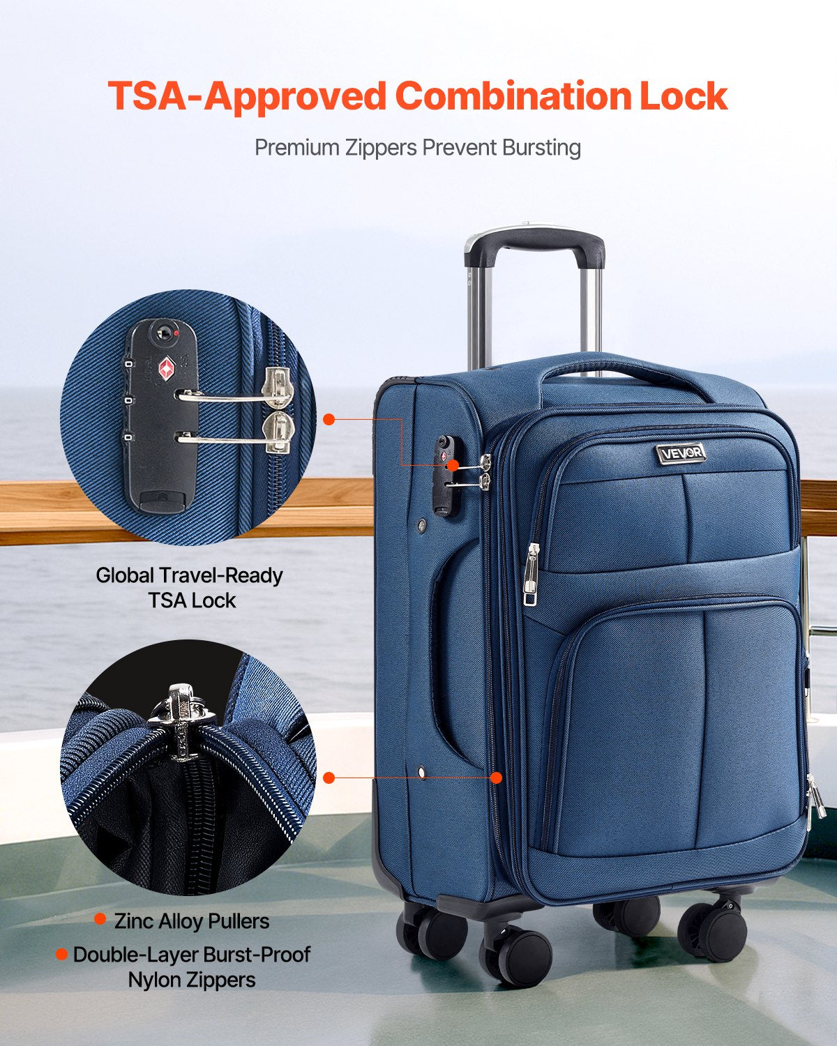 VEVOR Softside Expandable Luggage with Spinner Wheels, 20-Inch Softside Carry on Luggage, Lightweight Checked Suitcase with Expandable Zippered Pocket and TSA Lock, Blue - BYKSTXBYLS20PROXL001V0 - view 5