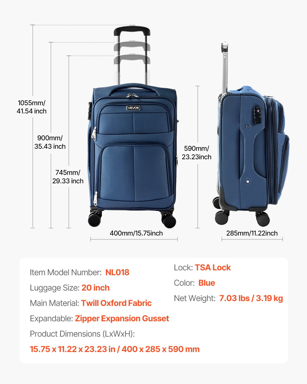 VEVOR Softside Expandable Luggage with Spinner Wheels, 20-Inch Softside Carry on Luggage, Lightweight Checked Suitcase with Expandable Zippered Pocket and TSA Lock, Blue - BYKSTXBYLS20PROXL001V0 - view 8