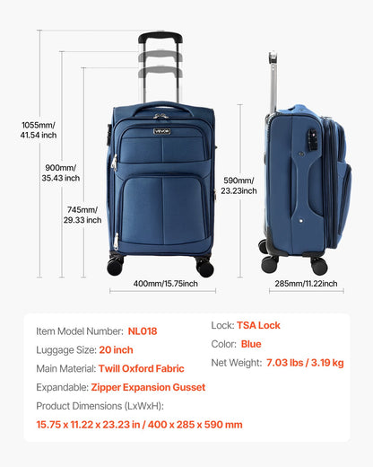 VEVOR Softside Expandable Luggage with Spinner Wheels, 20-Inch Softside Carry on Luggage, Lightweight Checked Suitcase with Expandable Zippered Pocket and TSA Lock, Blue - BYKSTXBYLS20PROXL001V0 - view 8